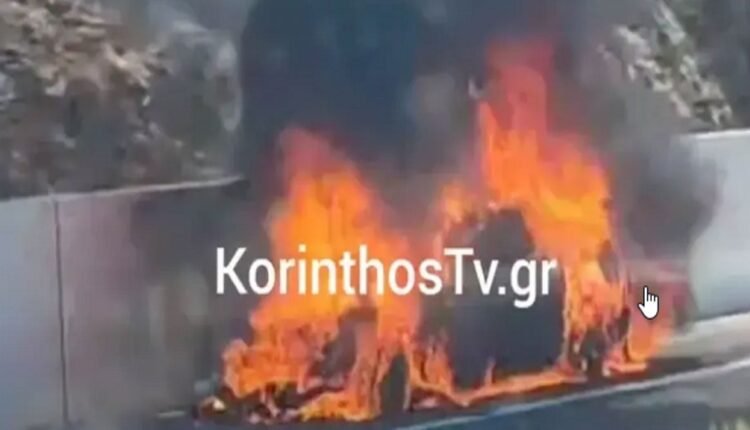 Αυτοκίνητο-τυλίχθηκε-στις-φλόγες-στην-Εθνική-Οδό-Αθηνών-–-Κορίνθου